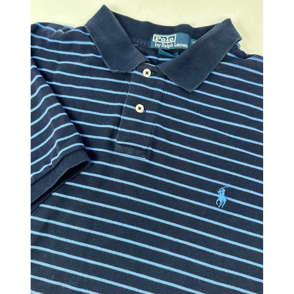 Polo Ralph Lauren Mens XXL Custom Fit Navy Blue Striped‎ Short Sleeve Polo Shirt